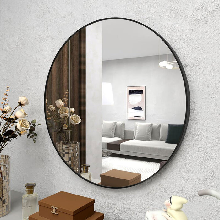 24" Black Round Bathroom Mirror with Stainless Steel Metal Frame