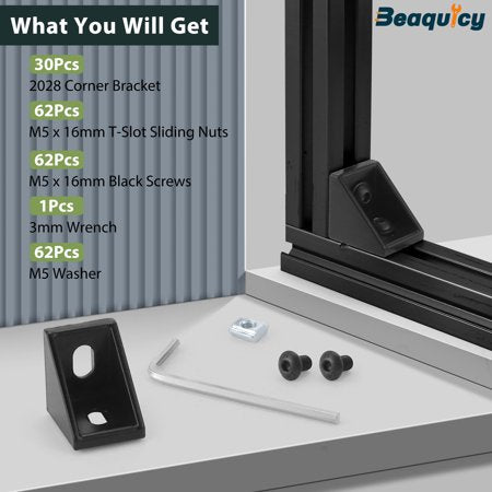 Beaquicy 2028 Series Aluminum Extrusion Profile Connector Kit, 30 Sets Connector Brackets with 1 Wrench, Black