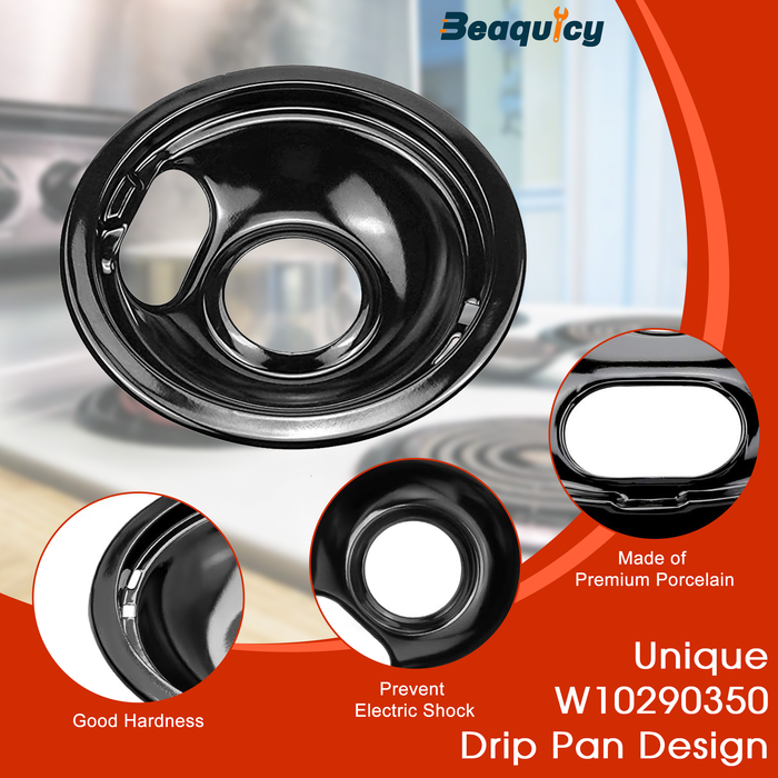 Beaquicy Porcelain Drip Pan Replacement for Electric Stove Burner W10290350 8-inch & W10290353 6-inch - 5