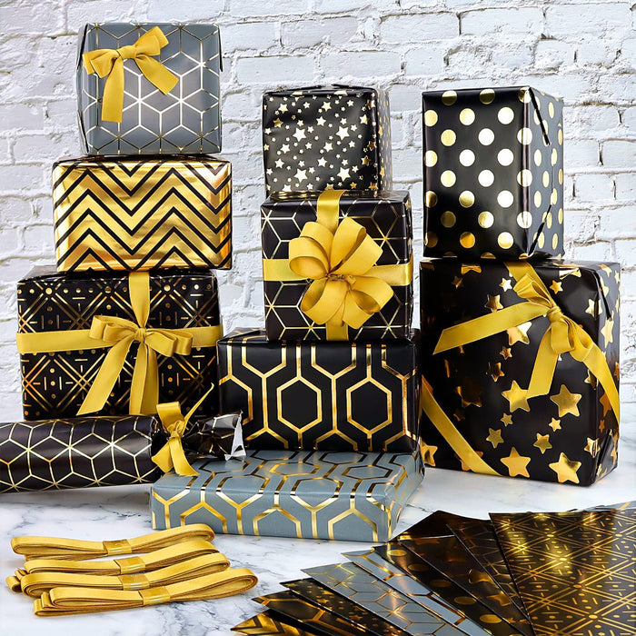 9pcs Black And Gold Gift Wrapping Paper And Ribbon Set