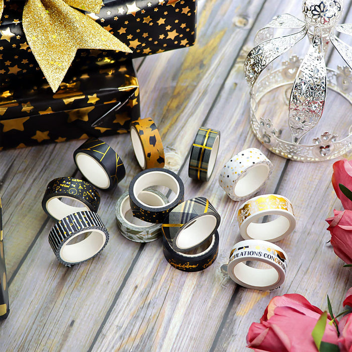 12pcs Black&Gold Washi Tape Set  Decorative Masking Tapes for Arts