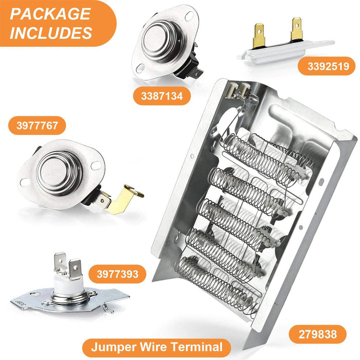 279838 Dryer Heating Element & 3977767 3392519 & 3977393 Thermal Fuse & 3387134 Dryer Thermostat