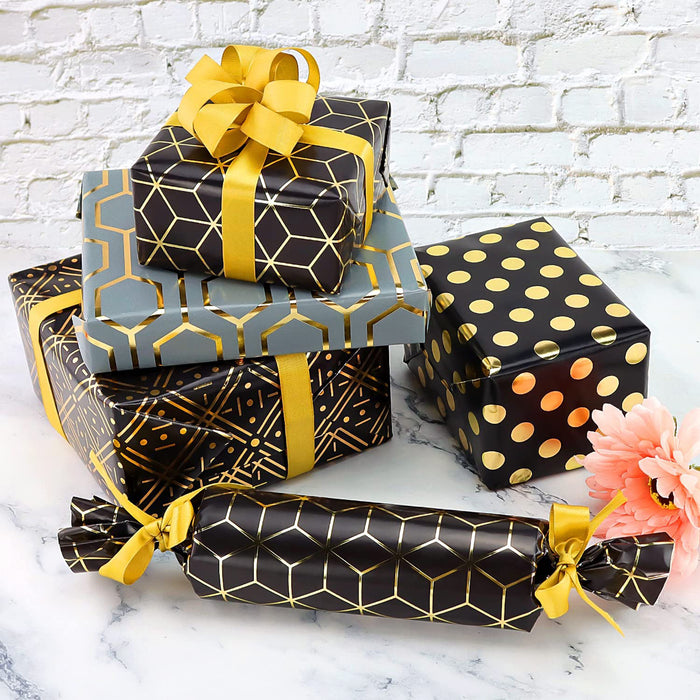 9pcs Black And Gold Gift Wrapping Paper And Ribbon Set