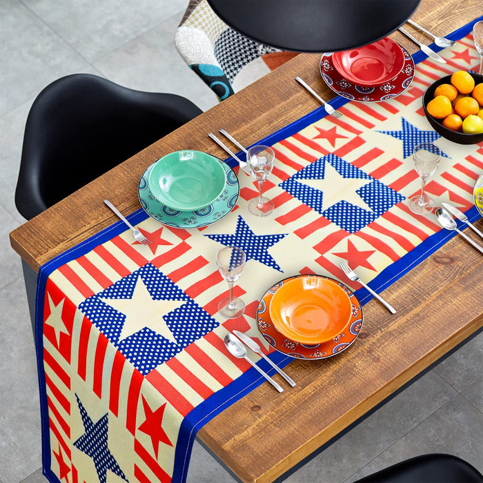 Red Blue Star Stripe Linen Table Runner