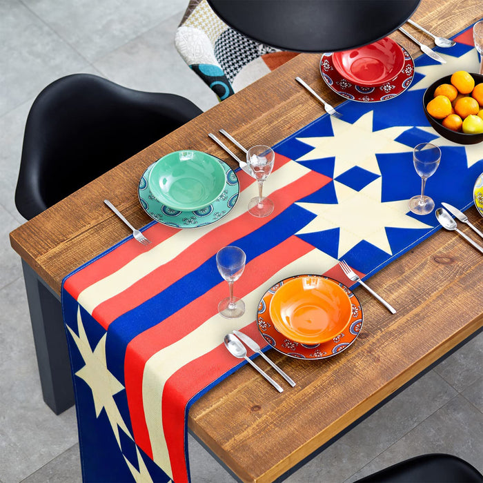 Red Blue Medal Stripe Linen Table Runner