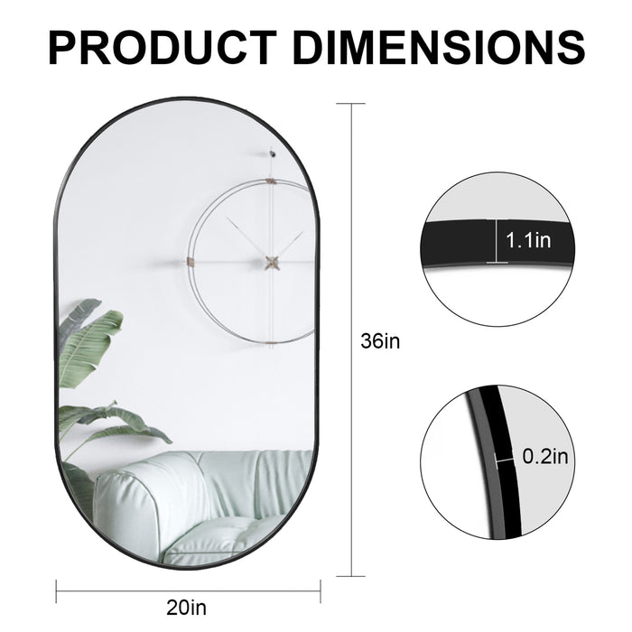 20" x 36" Black Oval Bathroom Mirror with Stainless Steel Metal Frame