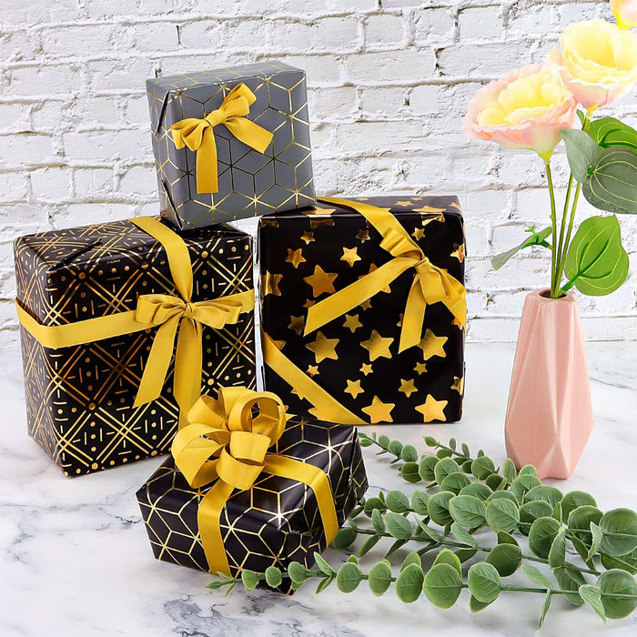 9pcs Black And Gold Gift Wrapping Paper And Ribbon Set