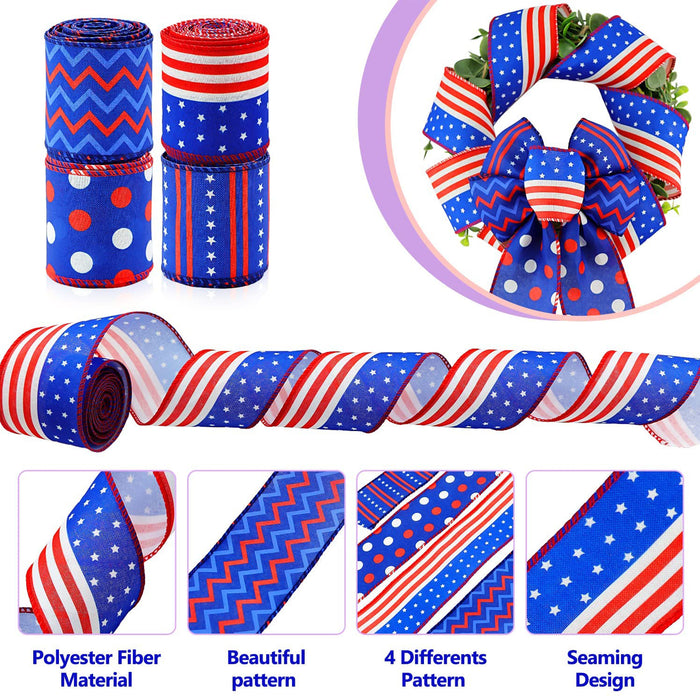 4 Rolls Patriotic Burlap Wired Ribbon for Thanksgiving Day Craft Decor