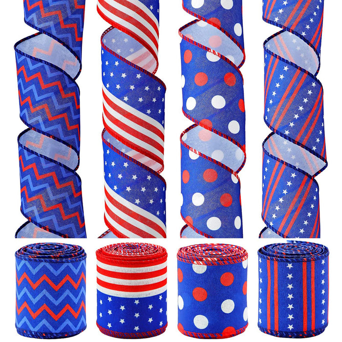 4 Rolls Patriotic Burlap Wired Ribbon for Thanksgiving Day Craft Decor