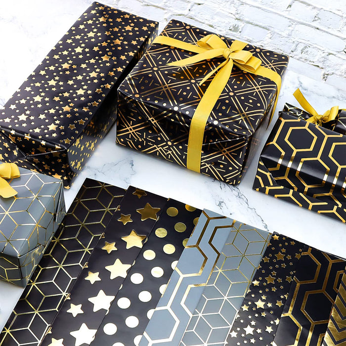 9pcs Black And Gold Gift Wrapping Paper And Ribbon Set