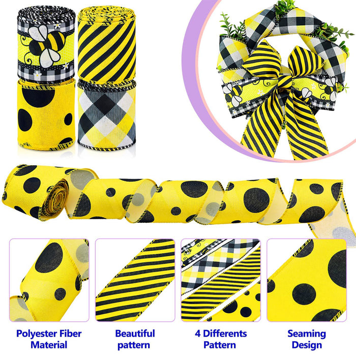 4 Rolls Bumble Bee Ribbons Wired Edge for Wreath Floral Crafts