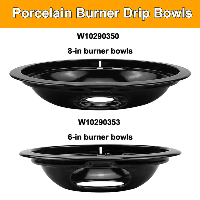 W10290350 8" and W10290353 6" Porcelain Burner Drip Pan Bowls Set