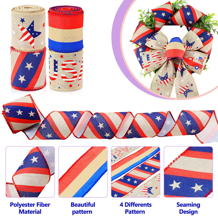 4 Rolls 2.5" Vintage Patriotic Burlap Wired Ribbon for Thanksgiving