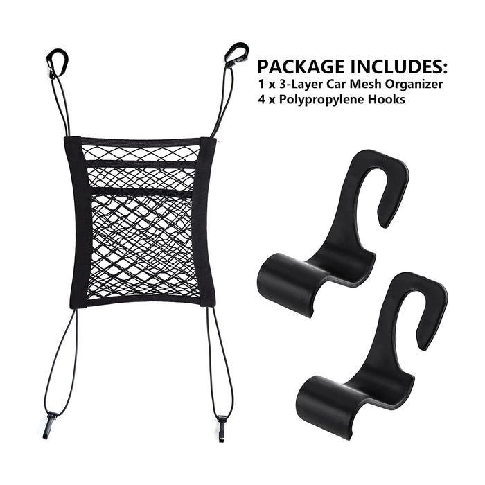 3-Tier Car Mesh Storage Bag with 2 Car Seat Headrest Hooks