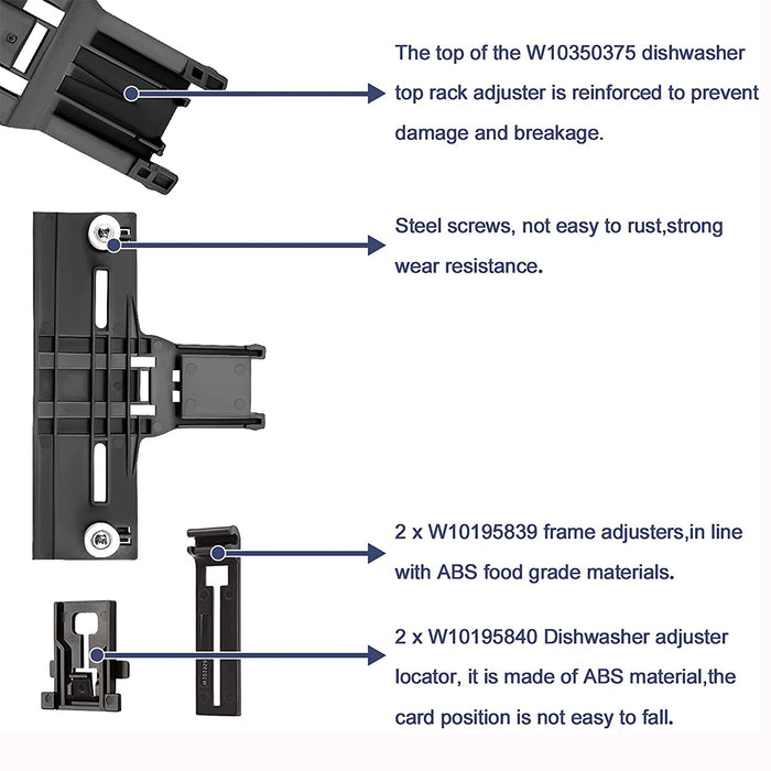 W10350375 Dishwasher Top Rack Adjuster W10250160 Arm Clip Lock W10508950 Slide Rail Stop Clip