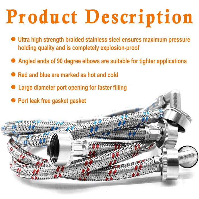 Washing Machine Hoses 90-Degree Elbows 6Ft Long Stainless Steel Hot & Cold