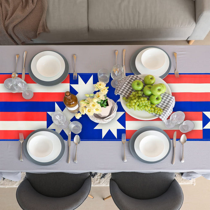 Red Blue Medal Stripe Linen Table Runner