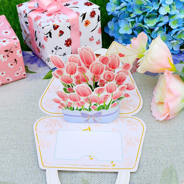 3pcs Mothers Day Paper Flower Bouquet 3D Pop Up Card Handmade Greeting Card