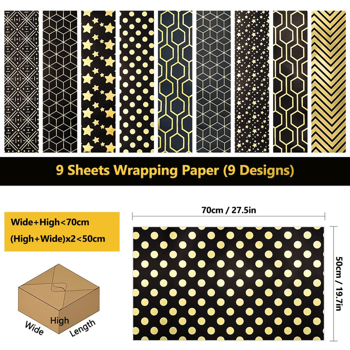 9pcs Black And Gold Gift Wrapping Paper And Ribbon Set