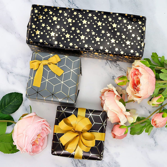 9pcs Black And Gold Gift Wrapping Paper And Ribbon Set