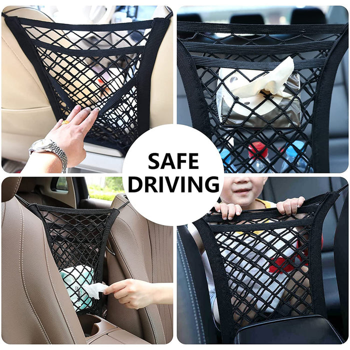 3-Tier Car Mesh Storage Bag with 2 Car Seat Headrest Hooks