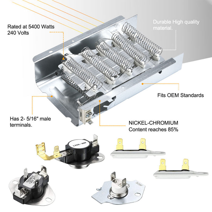 279838 Dryer Heating Element & 3977767 3392519 & 3977393 Thermal Fuse & 3387134 Dryer Thermostat