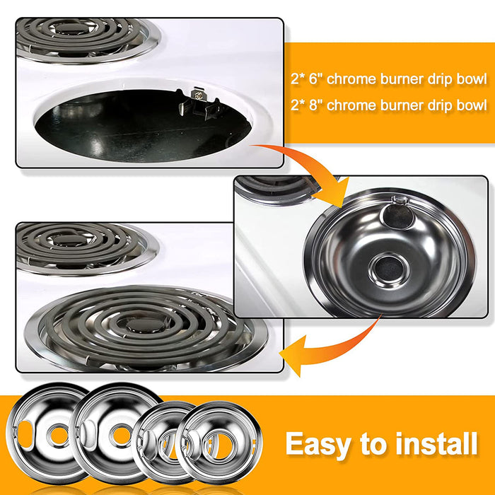 Chrome Range Drip Pans W10196405 & W10196406 Set